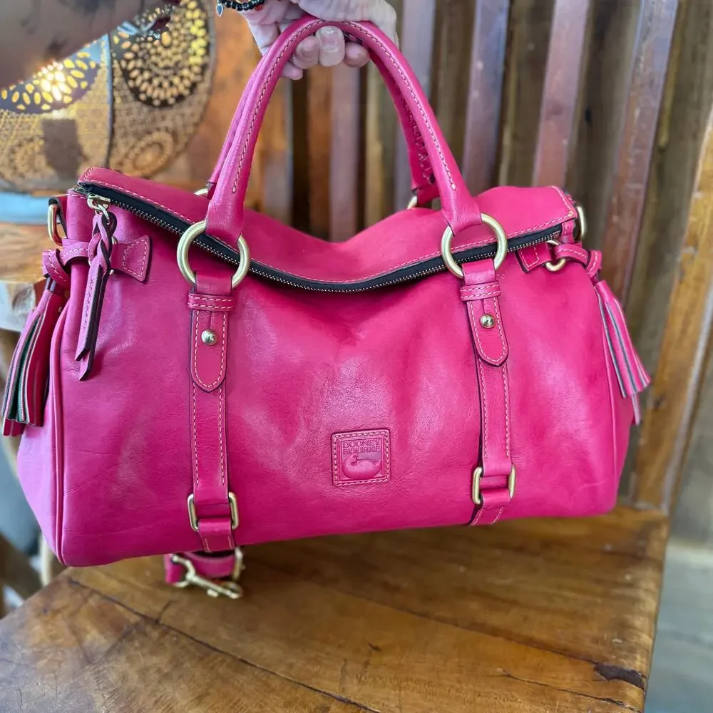 Dooney  Bourke 8L980 Large Florentine Leather Satchel Fuchsia Pink Crossbody Bag